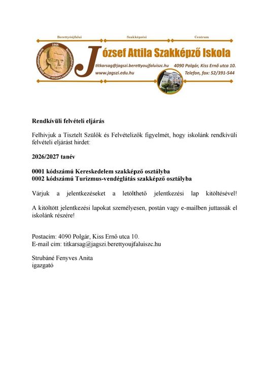 Rendkívüli felvételi eljárás 2026/2027 tanév